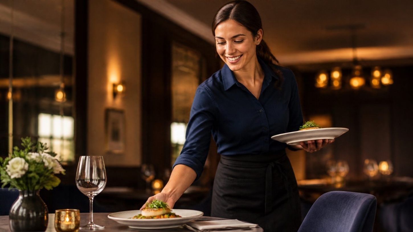 Servicekraft mit Bistroschürze im Restaurant