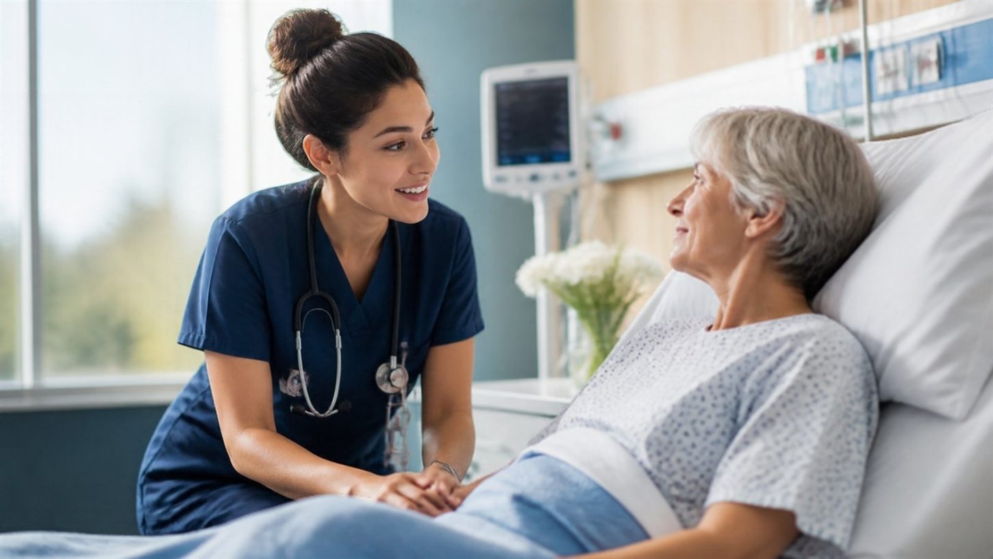 Pflegekraft in Kasack mit Patientin