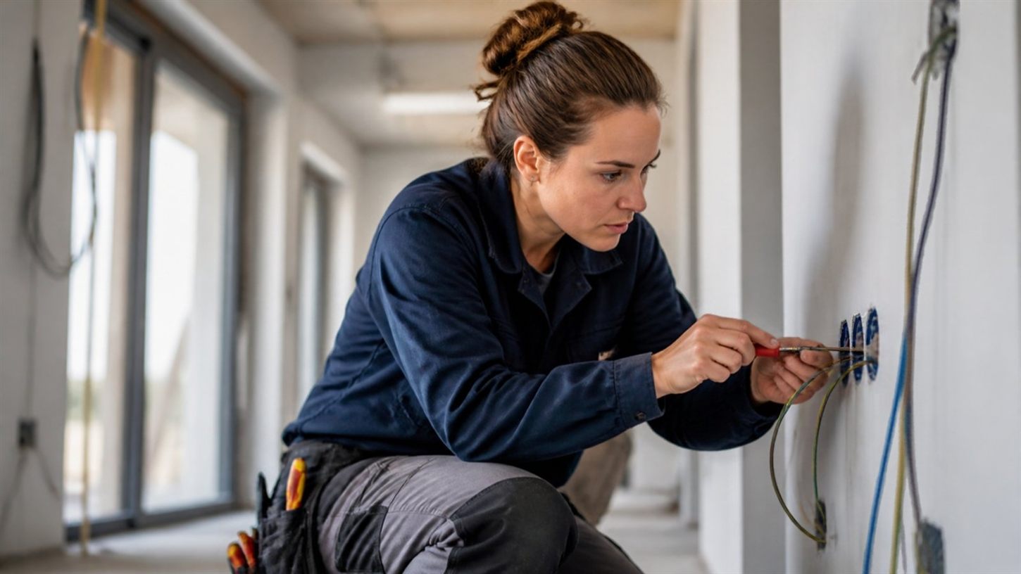 Elektrikerin in Arbeitsjacke auf der Baustelle