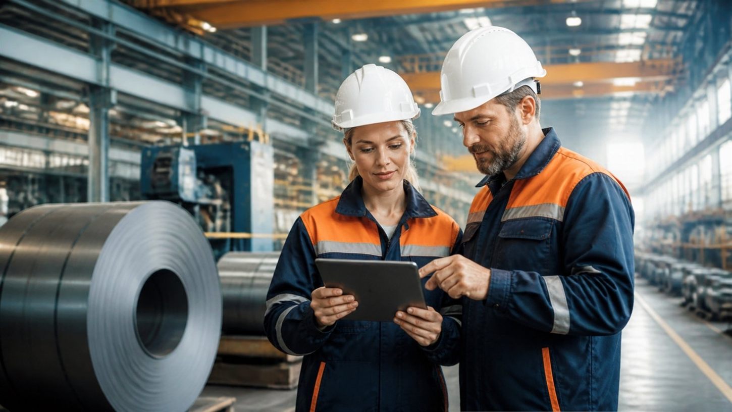 Ingenieure in Arbeitskleidung in der Produktionshalle
