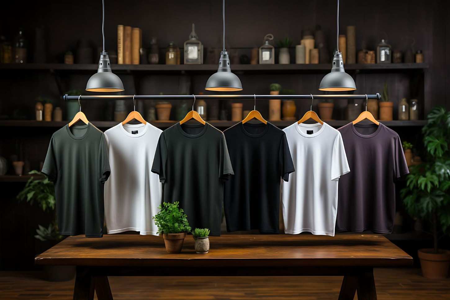 Collection of T-shirts and basics on hangers