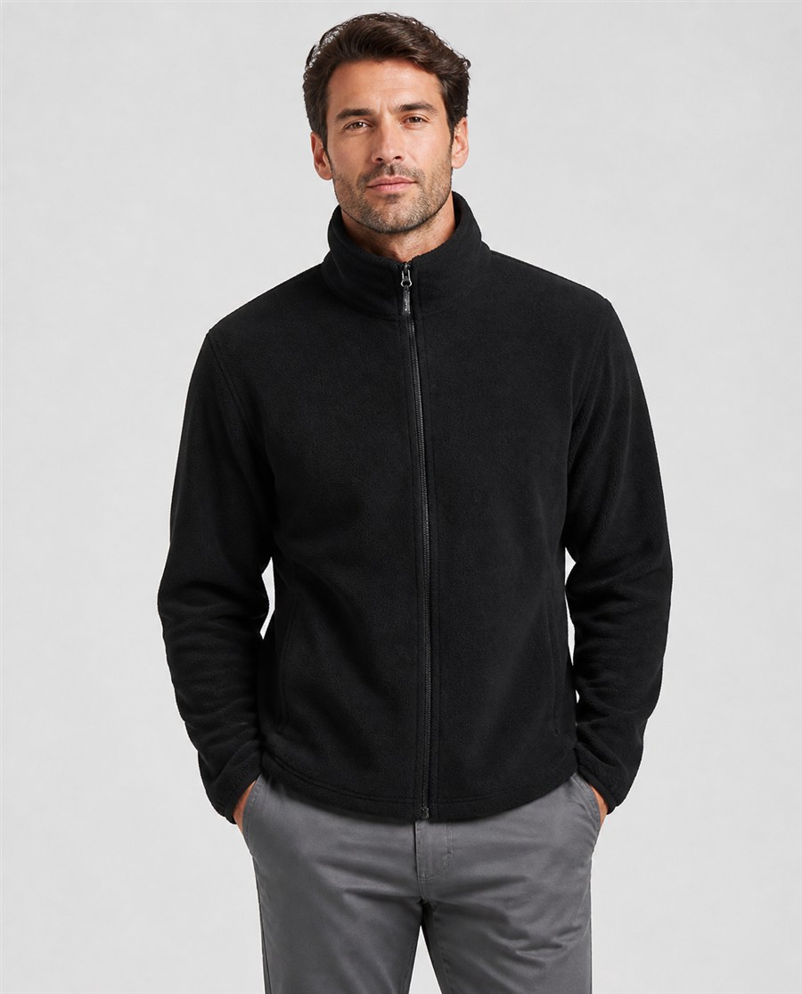 Model wearing a BY WORKWEAR fleece jacket in black