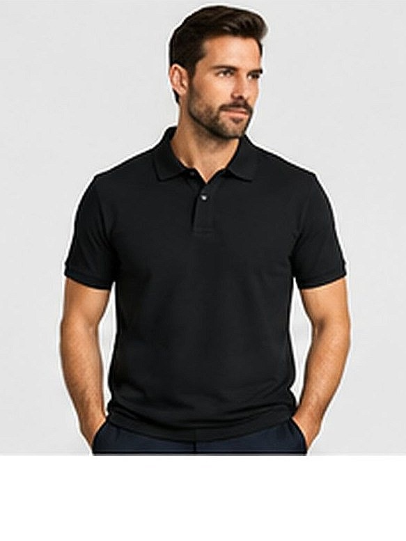 Model wearing a BY WORKWEAR polo shirt in black