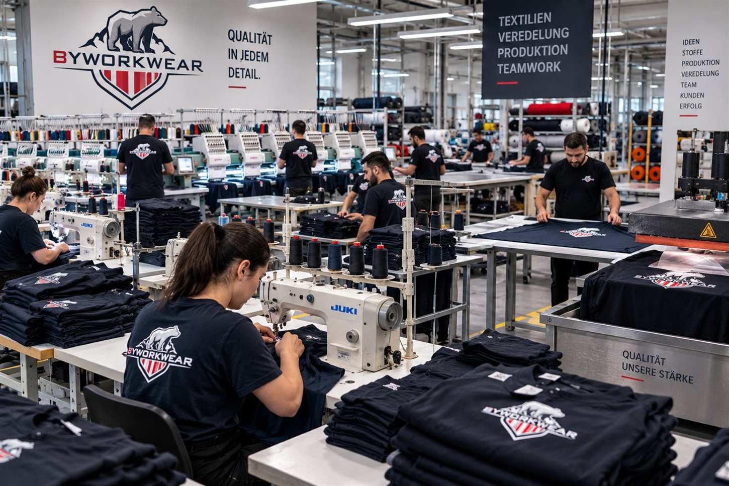 Moderne Textilproduktion bei BY WORKWEAR – Fertigung, Veredelung und Qualitätskontrolle